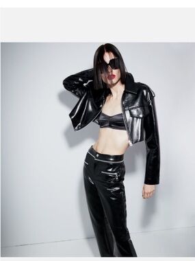 Zara Shiny Black Cropped Faux Leather Jacket